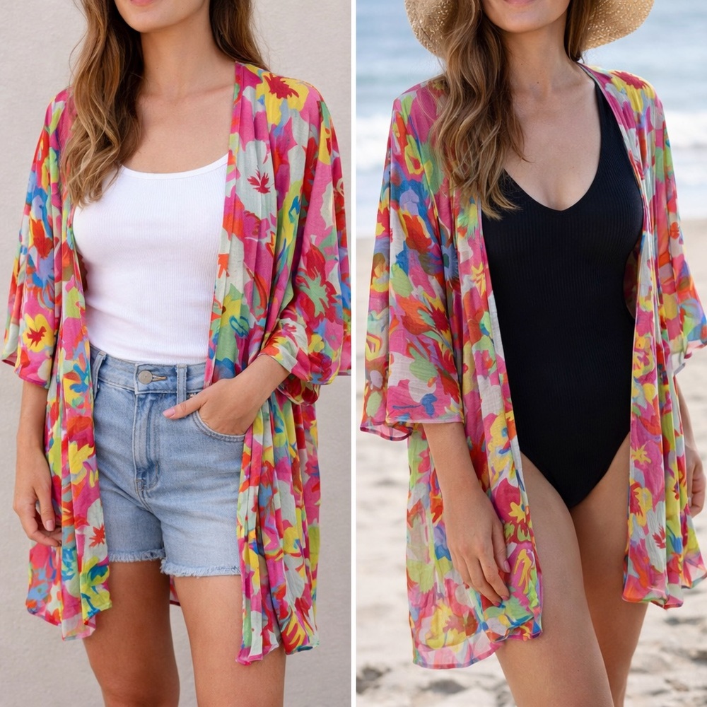 Peach Love California Multicolor Floral Kimono